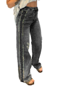 Carbon Grey Contrast Stripe Frayed Side Panel Patchwork Shift Jeans