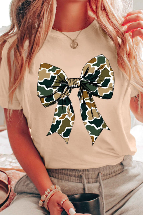 Women's Camouflage Bow Graphic Tee in Sand Khaki