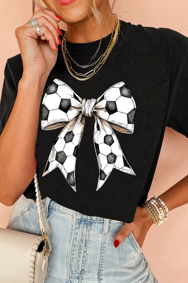 Women's Stylish Casual Summer Tee with Black Soccer Bow Graphic - Comfortable Everyday Fit for Trendy Looks