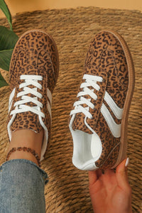 Women's Stylish Coffee Leopard Print Lace-Up Sneakers with Shimmer and PU Leather Detail for Comfort and Fashion
