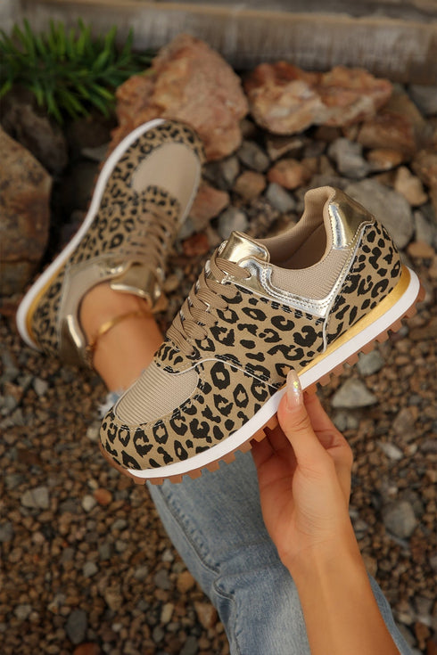 Women's Coffee Leopard Patchwork Faux Suede Lace-Up Sneakers