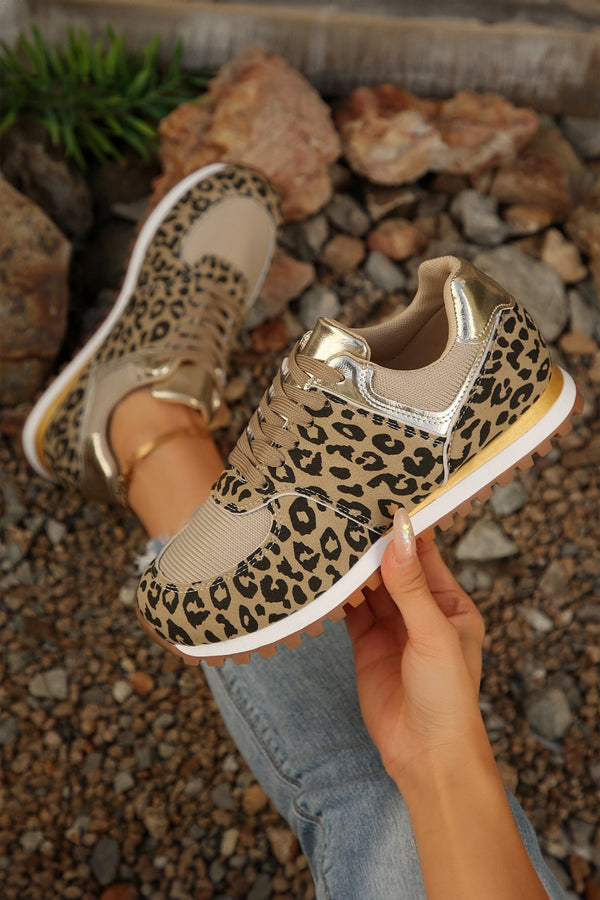 Women's Coffee Leopard Patchwork Faux Suede Lace-Up Sneakers