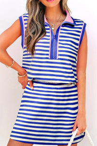 women's stylish dark blue textured stripe skort set with contrast trim and zip collar - chic sleeveless 2-piece ensemble with practical styling and