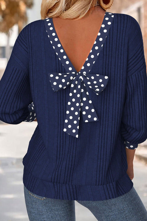 Women's Stylish Dirty Blue Ribbed V-Neck Top with Bow Tie and Polka Dot Trim - Comfortable Fit for Everyday Wear