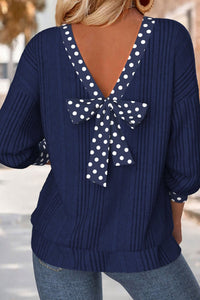 Women's Stylish Dirty Blue Ribbed V-Neck Top with Bow Tie and Polka Dot Trim - Comfortable Fit for Everyday Wear