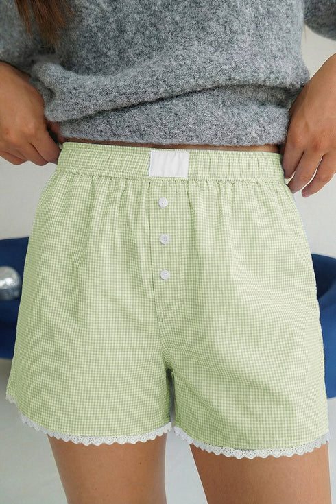 Women's Stylish Green Gingham Plaid Boxer Shorts with Lace Trim & Button Detail - Comfortable Summer Fashion