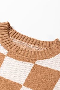 Light French Beige Colorblock Plaid Pattern Ribbed Trim Sweater Tank Top