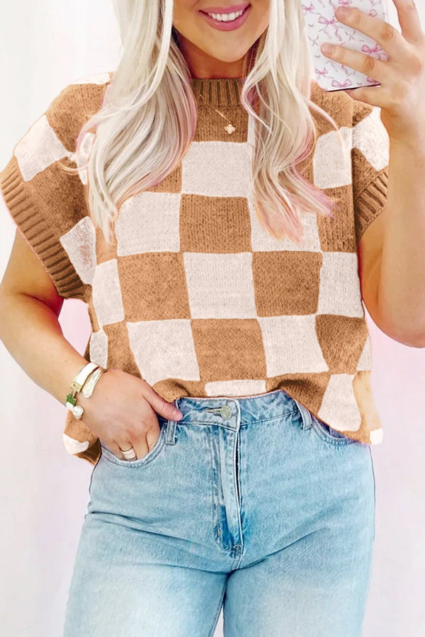 Women's Stylish Light Beige Colorblock Plaid Sweater Tank Top with Ribbed Trim for Trendy Summer Layering