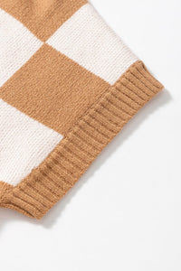 Light French Beige Colorblock Plaid Pattern Ribbed Trim Sweater Tank Top