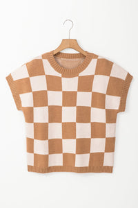 Light French Beige Colorblock Plaid Pattern Ribbed Trim Sweater Tank Top