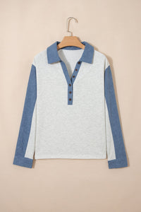 Light Grey Denim Patchwork Buttoned Polo Collar Long Sleeve Top