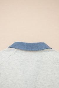 Light Grey Denim Patchwork Buttoned Polo Collar Long Sleeve Top