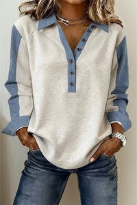 women's stylish light grey denim patchwork long sleeve polo shirt with button detail - comfortable and chic fit with practical styling and dependable