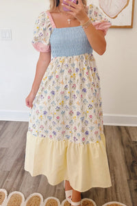 Women's Stylish Multicolor Floral Color Block Long Dress - Square Neck, Shirred Fit, Trendy Patchwork Design
