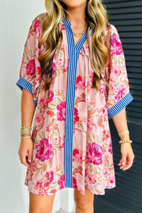 Women's Stylish Multicolor Floral Striped Mini Dress with Half Sleeves and Patchwork Trim - Perfect for Summer Outings