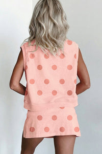 Pink Ribbed Trim Polka Dot Print Tank Split Mini Skort 2pcs Set