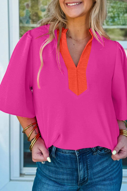 Women's Rose Red V-Neck Colorblock Blouse with Wide Flutter Sleeves