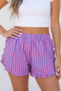 
Women's Stylish Rose Stripe Casual Shorts with Ruffle Trim, Elastic Waist - Comfortable Summer Fashion for Everyday Wear