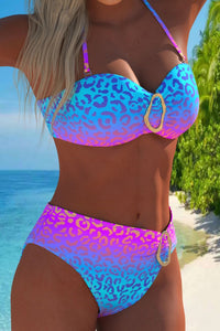 Sky Blue Ombre Leopard Print 2pcs Halter Bikini Swimsuit