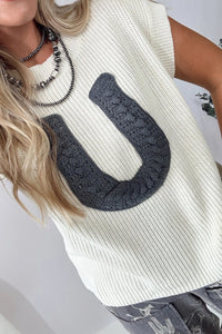 White Crochet Horseshoe Short Sleeve Knit Sweater