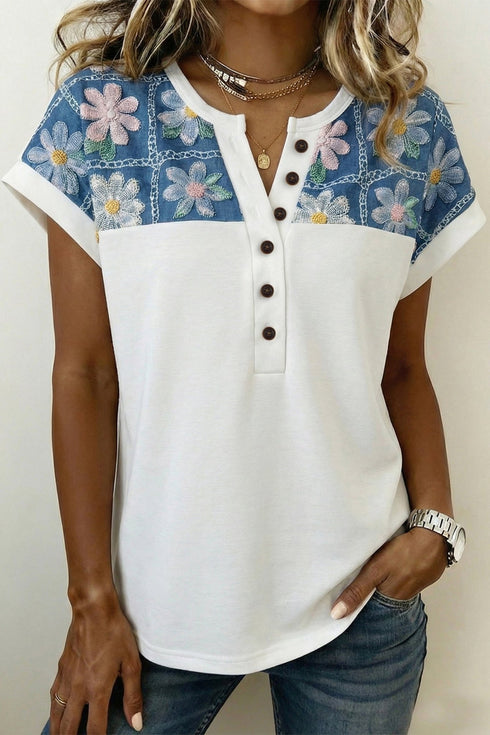 Women's Stylish White Floral Patchwork Blouse - Short Sleeve, Soft Viscose Blend, Comfortable Summer Top for Casual Wear