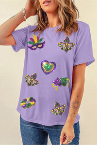 Wisteria Sequined Mardi Gras Symbolic Pattern Casual Tee