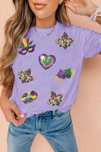 Women's Sequined Wisteria Mardi Gras Graphic Tee with Fleur-de-Lis
