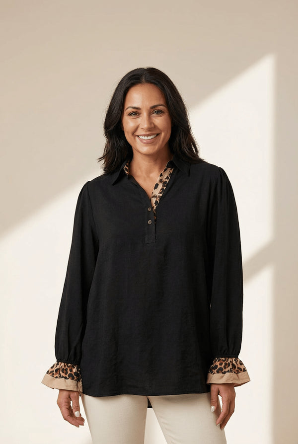 Women's Stylish Women's Black Leopard Print Blouse with Polo Collar, Ruffled Long Sleeves, and Button Front for Trendy Looks