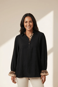 Women's Stylish Women's Black Leopard Print Blouse with Polo Collar, Ruffled Long Sleeves, and Button Front for Trendy Looks