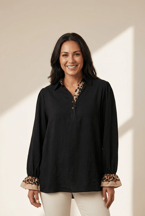 Women's Stylish Women's Black Leopard Print Blouse with Polo Collar, Ruffled Long Sleeves, and Button Front for Trendy Looks
