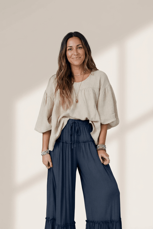 Navy Blue Frilled Drawstring High Waist Wide Leg Pants