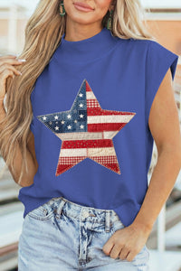 Women's Stylish Women's Sky Blue High Neck Top with Patriotic Star Print - Comfortable Faux Patchwork Design for Everyday Wear