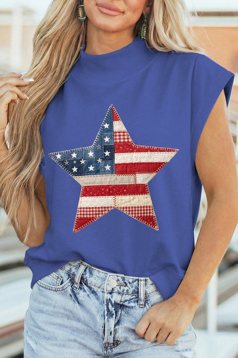 Women's Stylish Women's Sky Blue High Neck Top with Patriotic Star Print - Comfortable Faux Patchwork Design for Everyday Wear