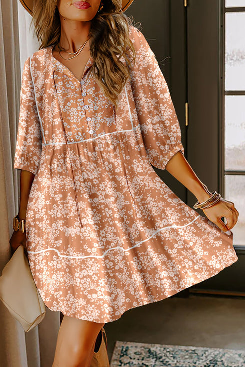 Yellow Floral Print Contrast Trim Button Tie Neck Swing Dress