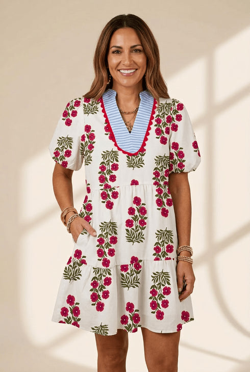 women's summer casual fit white floral v-neck dress with ricrac trim and striped patchwork for effortless style with practical styling and dependable