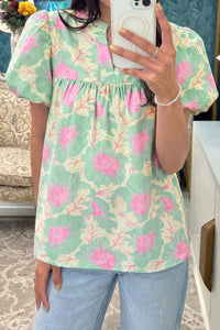 Women's Summer Green Floral Blouse with Short Bubble Sleeves - Stylish, Comfortable Top for Effortless Everyday Elegance