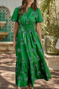 Women's Summer Green Floral Maxi Dress with Split Neck, Shirred Waist, and Ruffle Hem – Ideal for Parties and Events