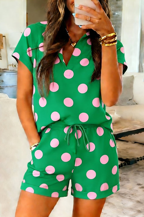 Women's Summer Green Polka Dot V-Neck Tee & Shorts Set - Casual, Comfy Fit for Effortless Warm Weather Style