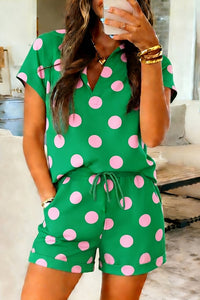 Women's Summer Green Polka Dot V-Neck Tee & Shorts Set - Casual, Comfy Fit for Effortless Warm Weather Style