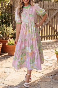 Women's Summer Pink Floral Maxi Dress with Short Puff Sleeves, High Waist, and Tiered Design for Effortless Style