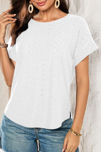 women's summer white eyelet jacquard blouse - short sleeve, cuffed hem, easy and wearable top for effortless chic with practical styling and
