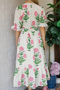 White Wild Floral Print Striped Trim V Neck Shirred Waist Ruffle Hem Dress