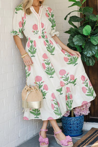 White Wild Floral Print Striped Trim V Neck Shirred Waist Ruffle Hem Dress