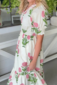 White Wild Floral Print Striped Trim V Neck Shirred Waist Ruffle Hem Dress
