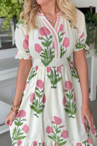 White Wild Floral Print Striped Trim V Neck Shirred Waist Ruffle Hem Dress