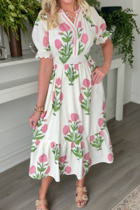 White Wild Floral Print Striped Trim V Neck Shirred Waist Ruffle Hem Dress