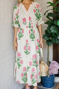 White Wild Floral Print Striped Trim V Neck Shirred Waist Ruffle Hem Dress