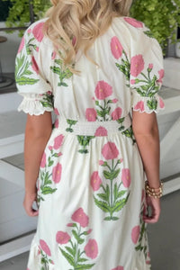White Wild Floral Print Striped Trim V Neck Shirred Waist Ruffle Hem Dress