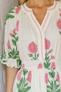 White Wild Floral Print Striped Trim V Neck Shirred Waist Ruffle Hem Dress