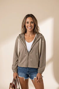 Women's Taupe Embroidered Fleece Zip-Up Hoodie Jacket